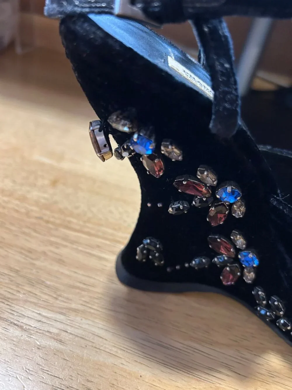 Womens Prada Dragonfly Black Rhinestone Embellished Platform Wedge Heels 37 US/7